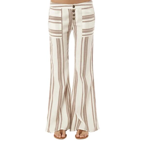 O'Neill Tan & Cream 70s Vibe Fleur Woven Button Up Flare Leg Cotton Pants Size 3 - Picture 1 of 9